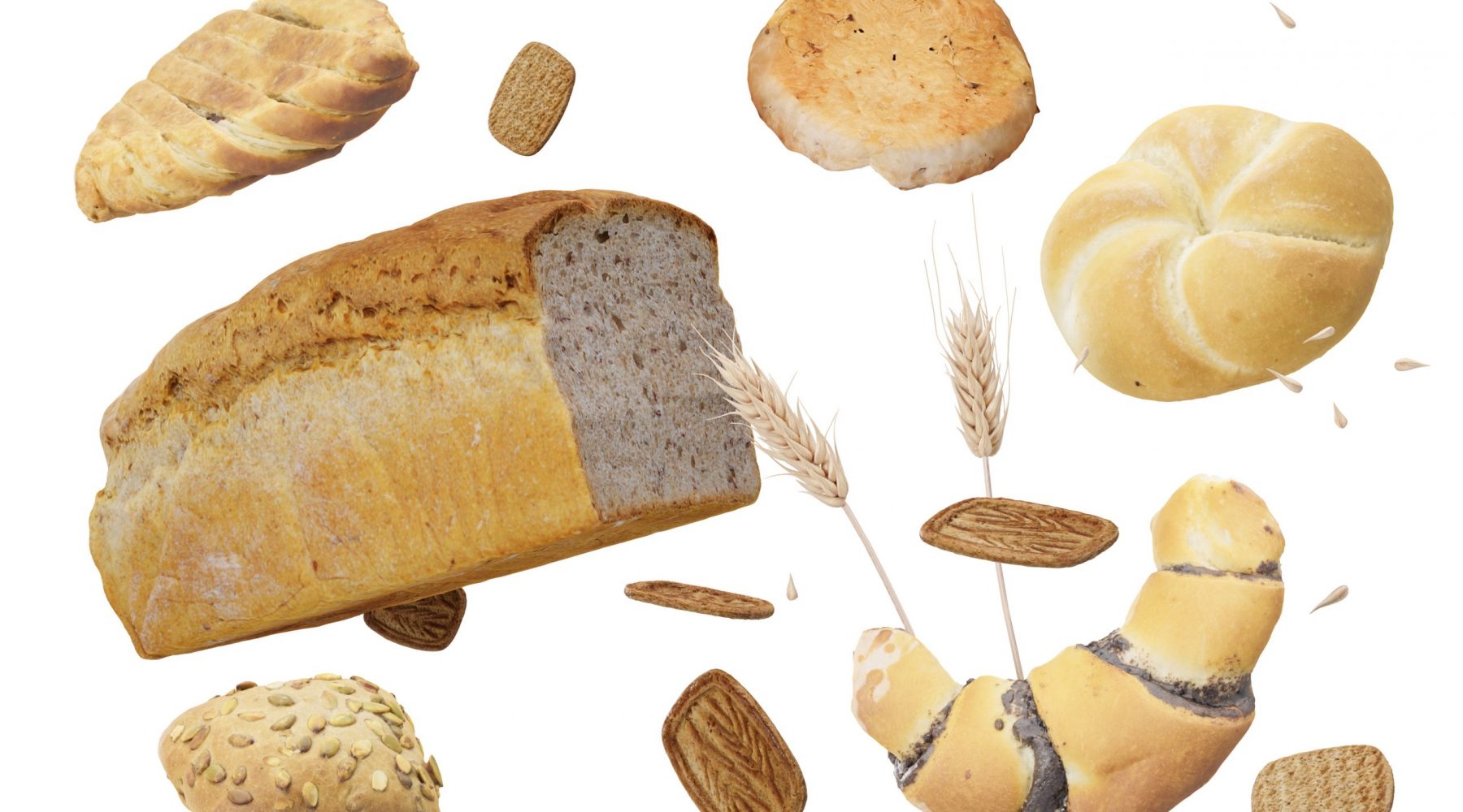 Wheat ears, bread, pastries isolated on white background. Celiac disease and gluten intolerance concept. Healthcare, healthy eating, healthy lifestyle, gluten free diet. 3D rendering